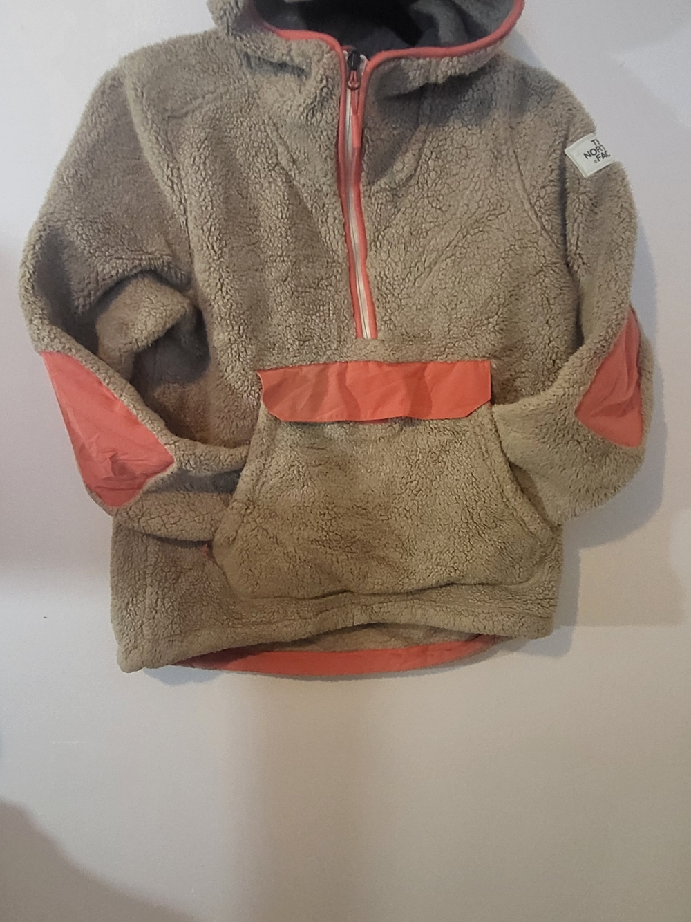 The North Face Womens' Tan Sherpa Fleece Pullover with Coral Accents
